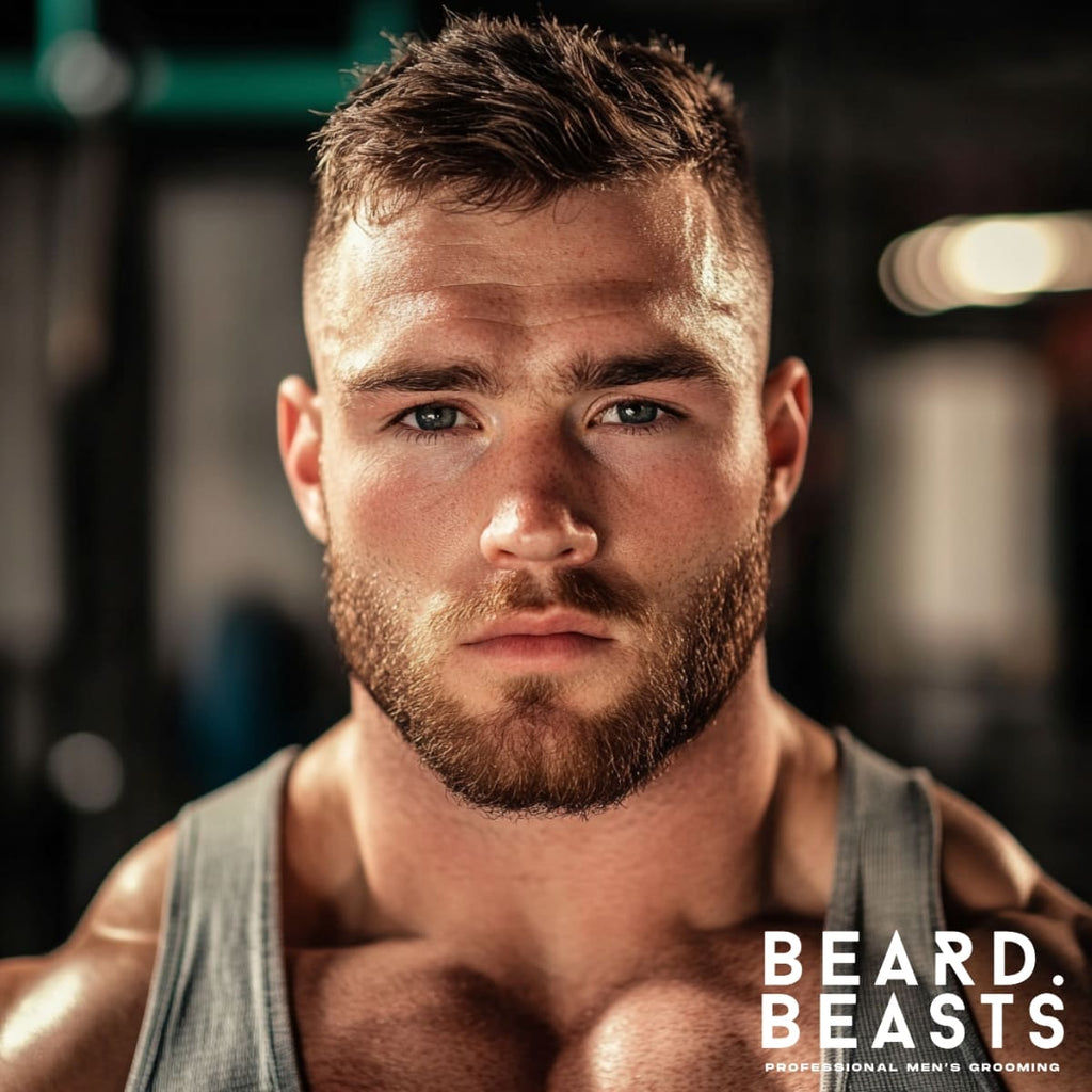 Close-up of a muscular man with a fade haircut and a textured top, paired with a neatly groomed beard. The hairstyle highlights his strong facial features and complements his athletic build, creating a rugged yet stylish look.