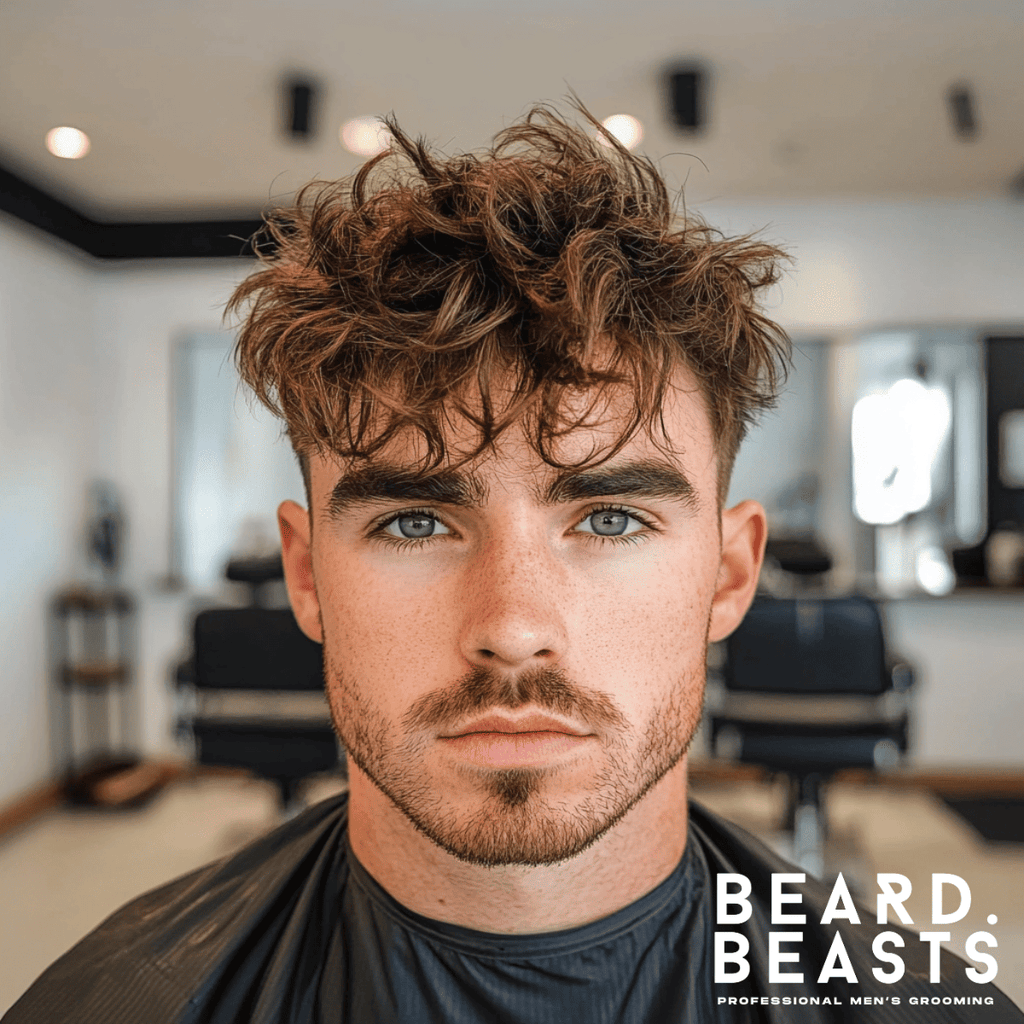 Man with messy textured top and low fade hairstyle in a modern barbershop, showcasing tousled volume and clean faded sides