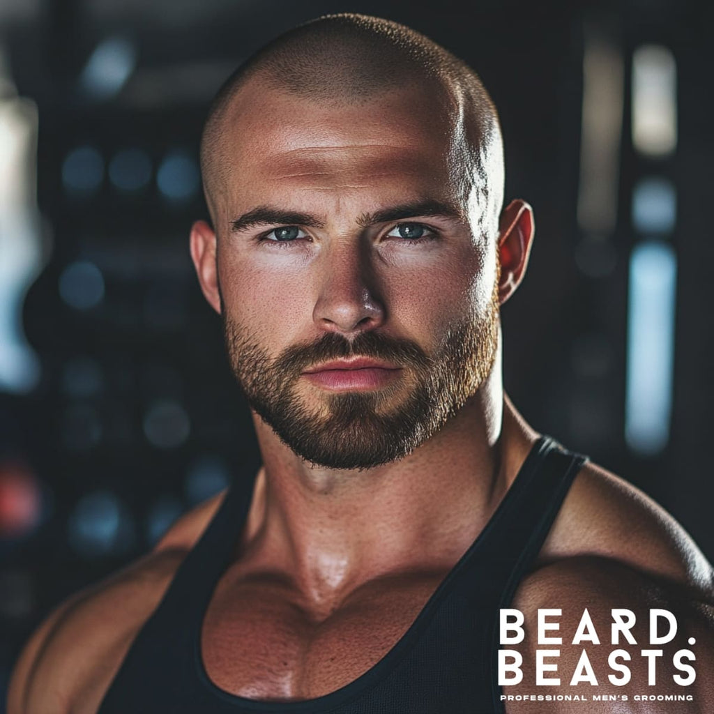 Portrait of a man with a shaved head and a full, well-groomed beard. The hairstyle highlights his facial features and creates a balanced, stylish look, blending ruggedness with a modern edge. His confident expression and athletic build complete the polished yet effortless vibe.