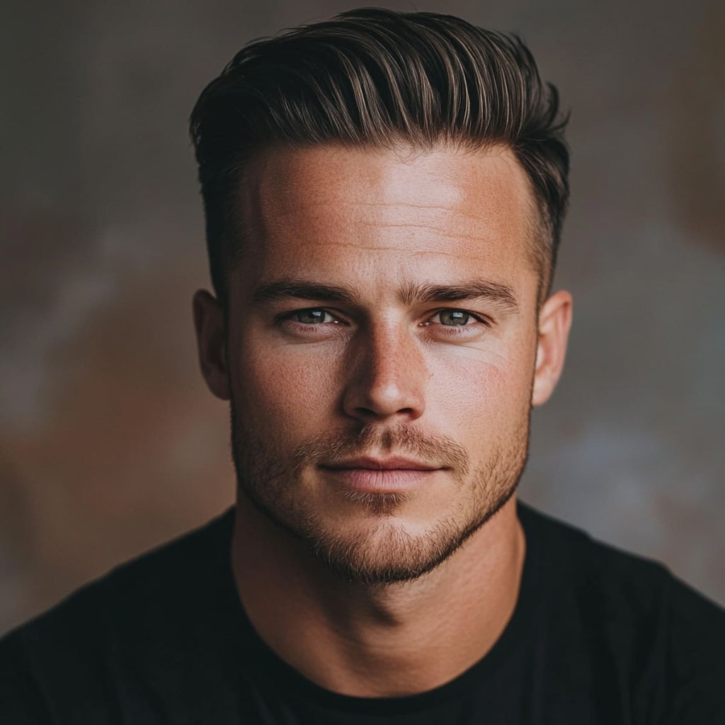 Man with a short pompadour hairstyle, a stylish choice for men with big foreheads. This look features voluminous hair swept back on top, adding height and drawing attention upward, which helps balance a larger forehead. The neatly groomed sides provide a clean, polished appearance, blending classic sophistication with modern appeal. A perfect example of short hairstyles for men with big foreheads that exudes confidence and style.