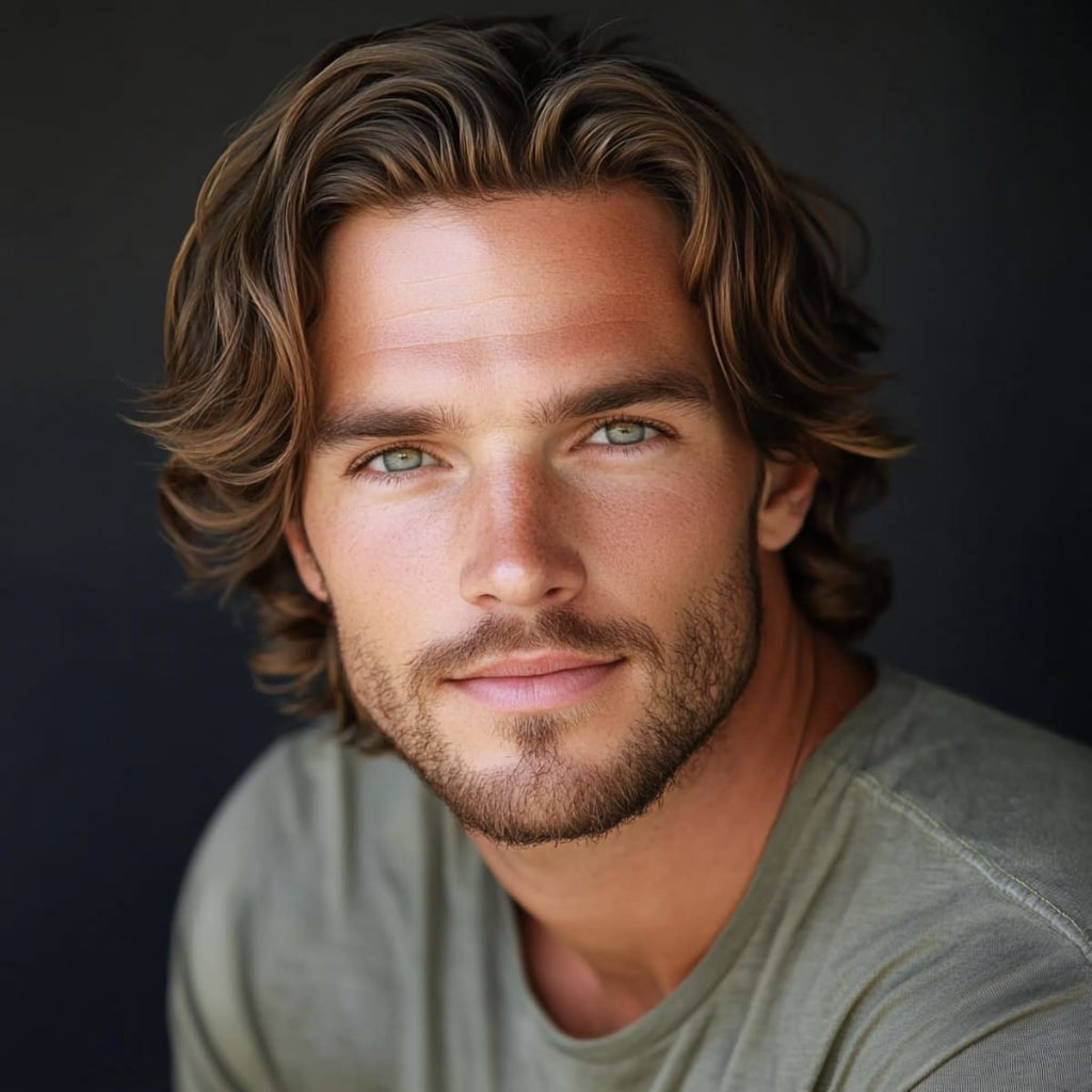 Man with a shoulder-length shag hairstyle, featuring loose, wavy layers that frame his face for a relaxed and natural look. The layered cut adds texture and volume, softening his features and creating a balanced appearance. His gentle expression and slightly tousled hair convey an effortless, laid-back vibe. Perfect for a casual and stylish look that enhances facial symmetry.