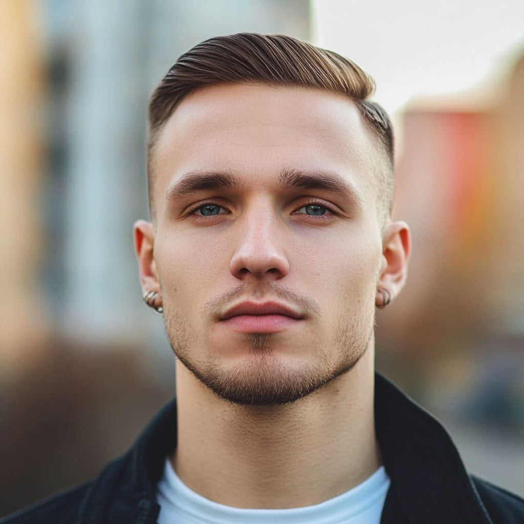 Man with a side-parted undercut hairstyle, an ideal choice for men with big foreheads. This short hairstyle features a deep side part with closely shaved sides, creating a flattering shape that balances the forehead. The sleek, parted top adds a touch of sophistication and draws attention away from the forehead. A stylish example of short hairstyles for men with big foreheads, blending modern trends with timeless elegance.