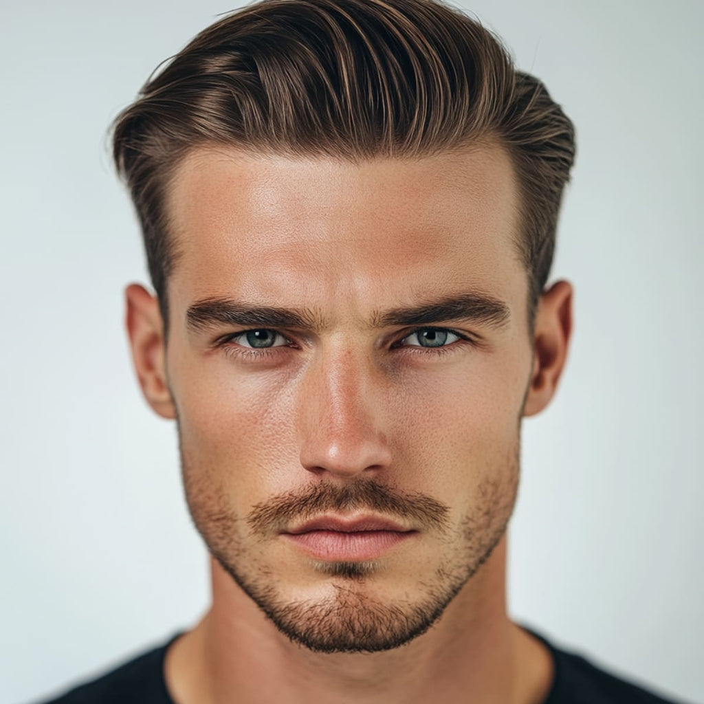 Man with a slicked-back hairstyle featuring a clean fade on the sides, creating a polished and sophisticated look. The hairstyle adds structure to his face, emphasizing his strong features with a modern and stylish appeal. His intense gaze and defined jawline contribute to a confident, refined appearance. A balanced style that combines classic elegance with contemporary grooming.