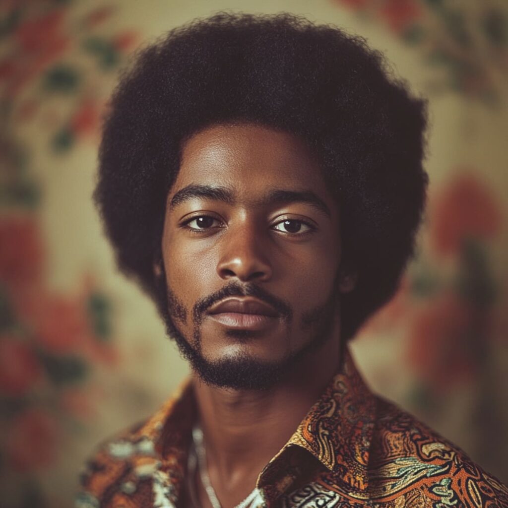 Portrait of a handsome young Black man with a classic 70s Afro hairstyle, showcasing a full, rounded shape that celebrates natural texture and retro style. Dressed in a vintage-patterned shirt, he exudes confidence and timeless elegance. The soft background enhances the rich, bold look of this iconic 70s men’s hairstyle, blending modern flair with nostalgic appeal.