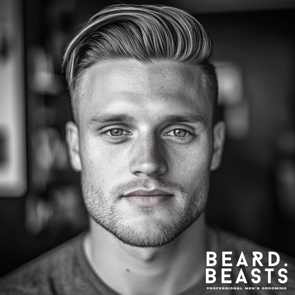 A grayscale image of a man with a sharp, stylish haircut. The subject's face is symmetrical, with light stubble, clear skin, and strikingly focused eyes, creating a polished yet approachable look. The background is softly blurred, directing attention to the hairstyle and facial details, with a minimalist
