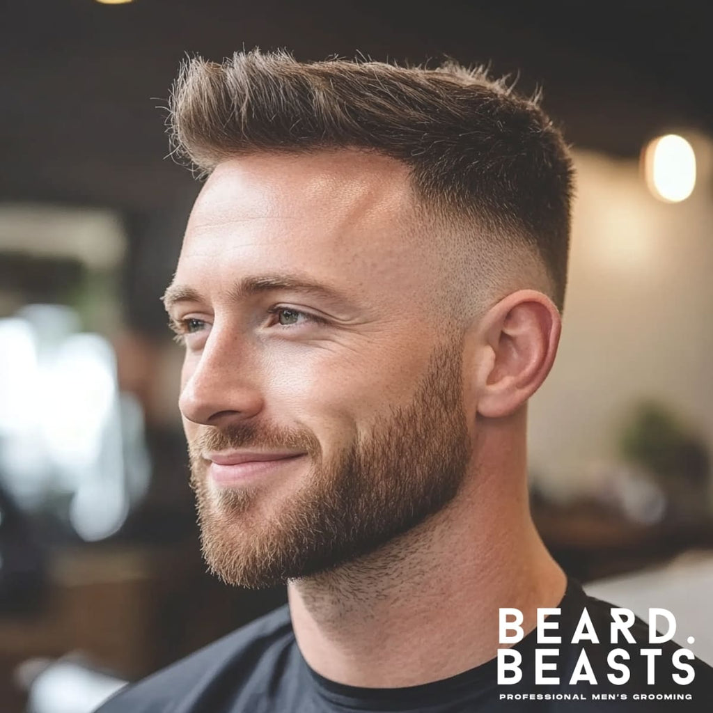 Stylish man with a low fade textured top haircut in a modern barbershop, featuring voluminous, layered waves and a clean blend from sides to top