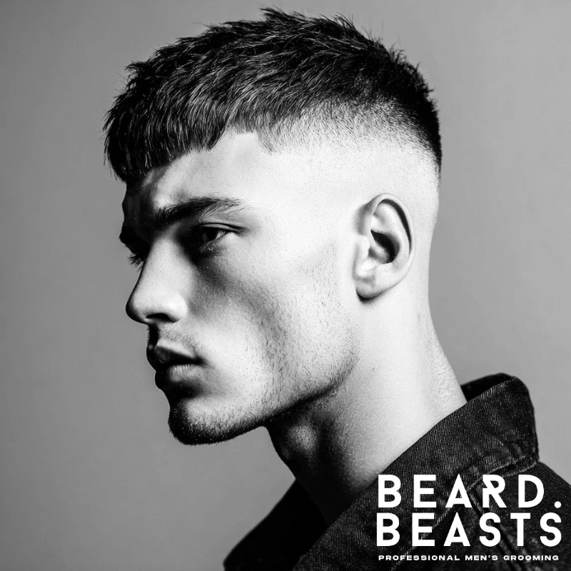 Bald drop fade with a textured fringe at the front, offering a youthful, contemporary look. The fade is clean and sharp, complementing the voluminous top, making this style perfect for those looking for a bold yet polished appearance.