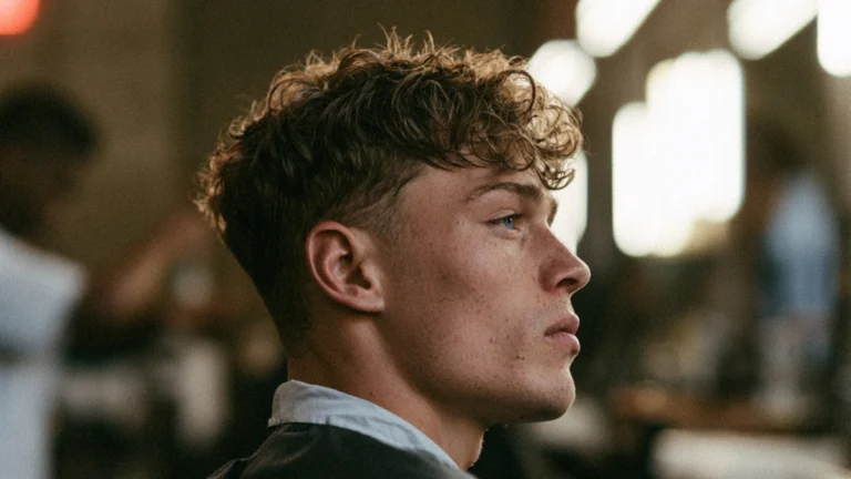 Textured curly haircut with a fade, side profile of a man with short curly hair and a low fade