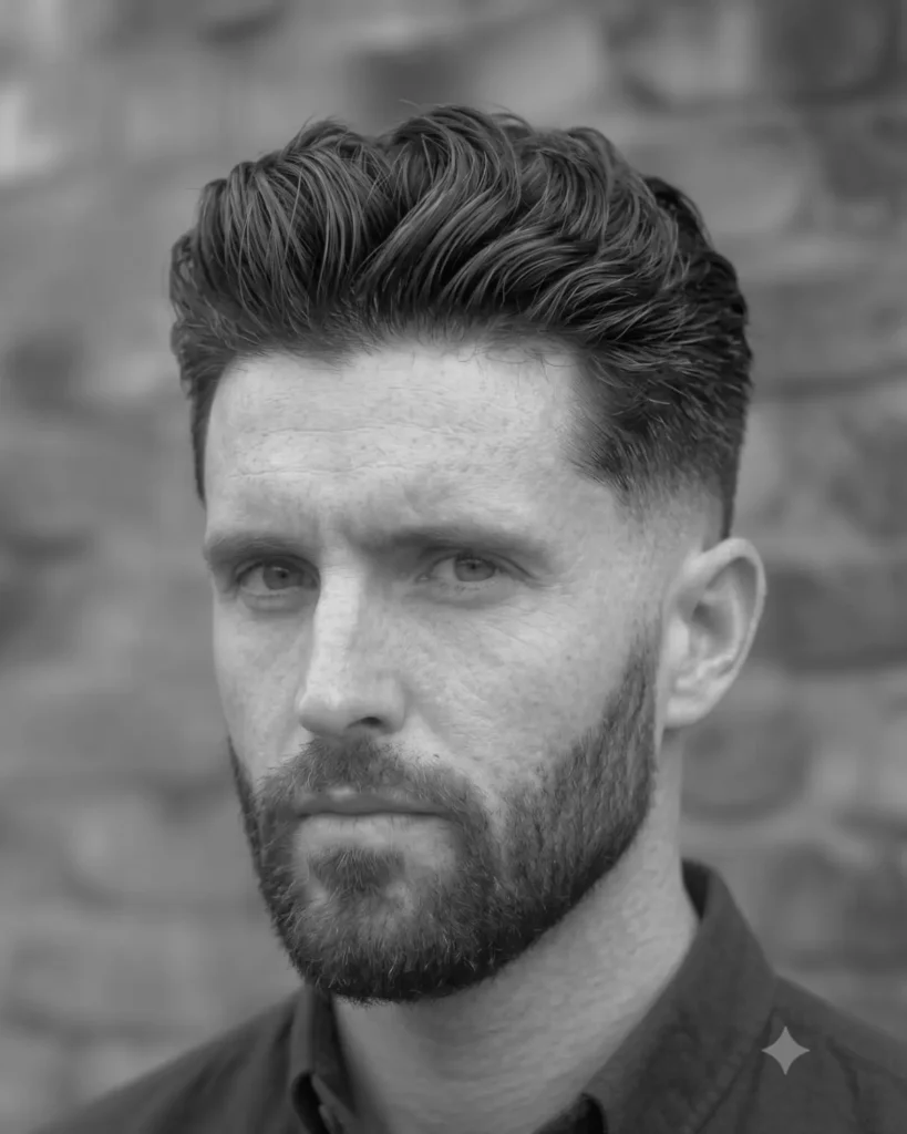 Man with a brushed back textured top, low fade haircut and short beard in a black and white portrait.