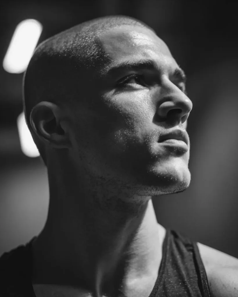 men's buzz cut athletic hairstyle on a man after training with visible sweat in gym setting