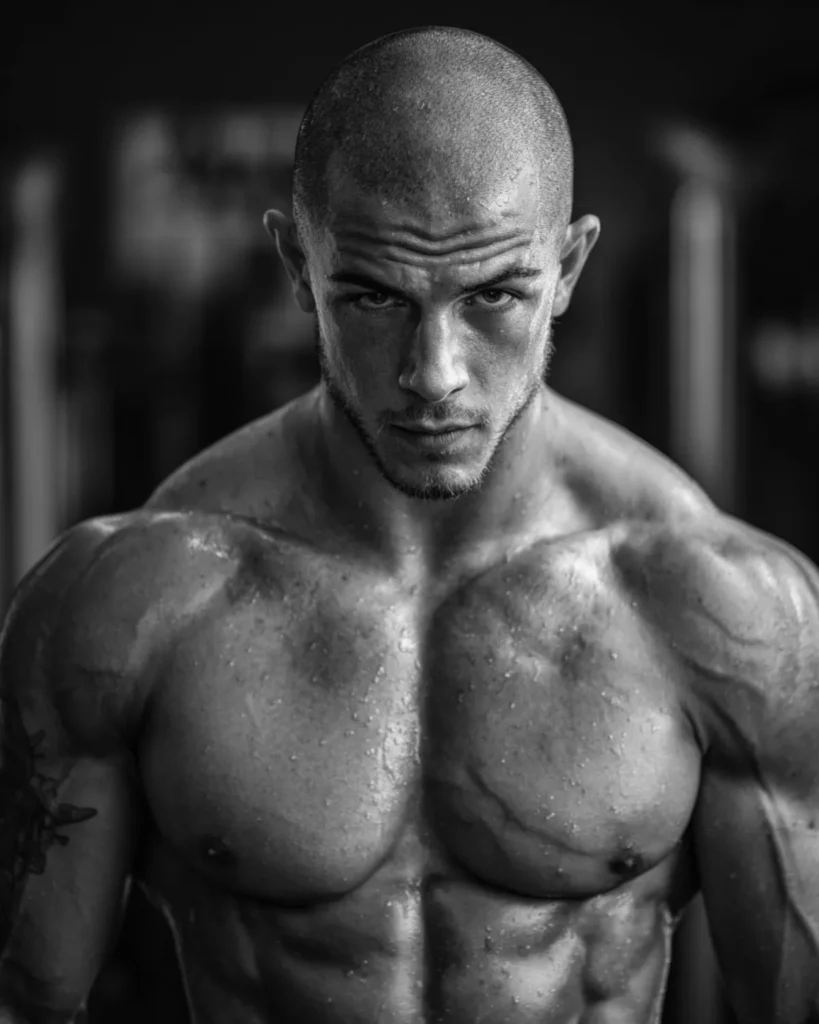 buzz cut haircut on a bodybuilder with wide shoulders in gym setting, front view