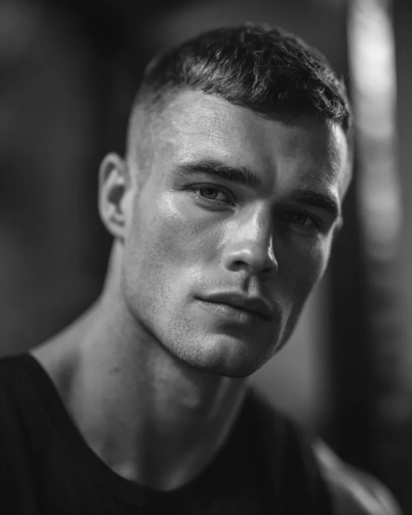 men's Caesar cut athletic hairstyle with short horizontal fringe and high fade in gym setting
