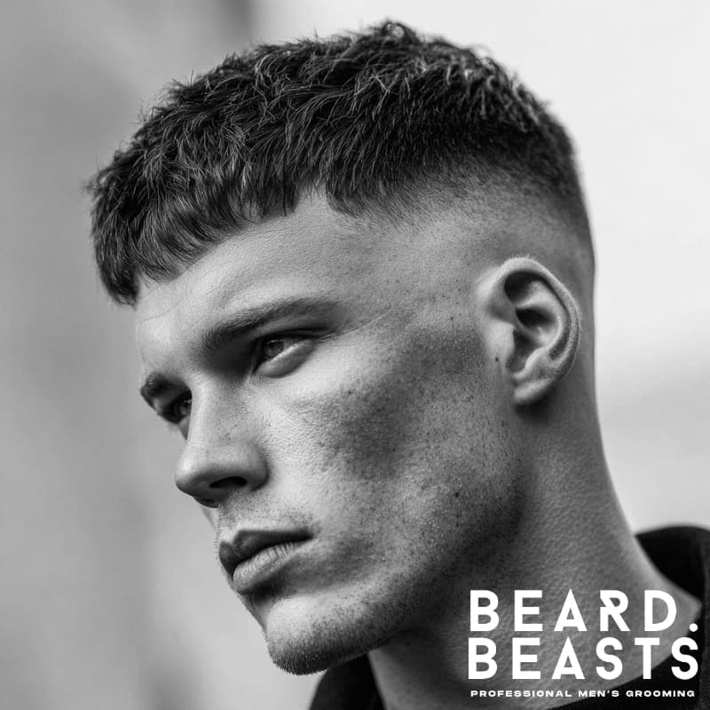 Classic high fade French crop haircut with textured top and clean fade on the sides, showcasing a sharp, modern look. Ideal for men seeking a versatile, low-maintenance style.