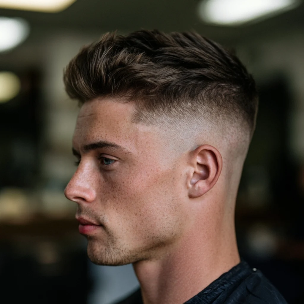 Man with a classic high fade quiff, hair lifted up and back in a clean shape with a sharp high fade at the sides.