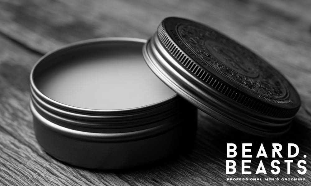 Close-up of a men's styling hair clay in a tin container, placed on a wooden surface. Ideal for creating textured, defined hairstyles.