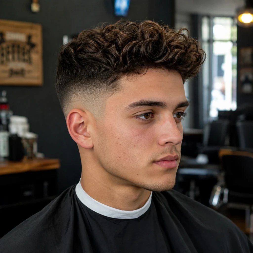 Man with a curly high fade quiff, tight curls rising up from the front with a high fade at the sides.