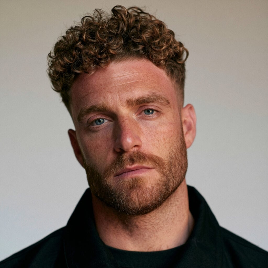 Curly short textured quiff with natural curls through the top and shorter faded sides