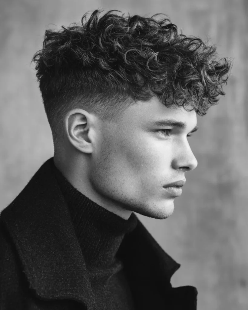 curly short textured quiff haircut with natural curl pattern and mid fade, side profile