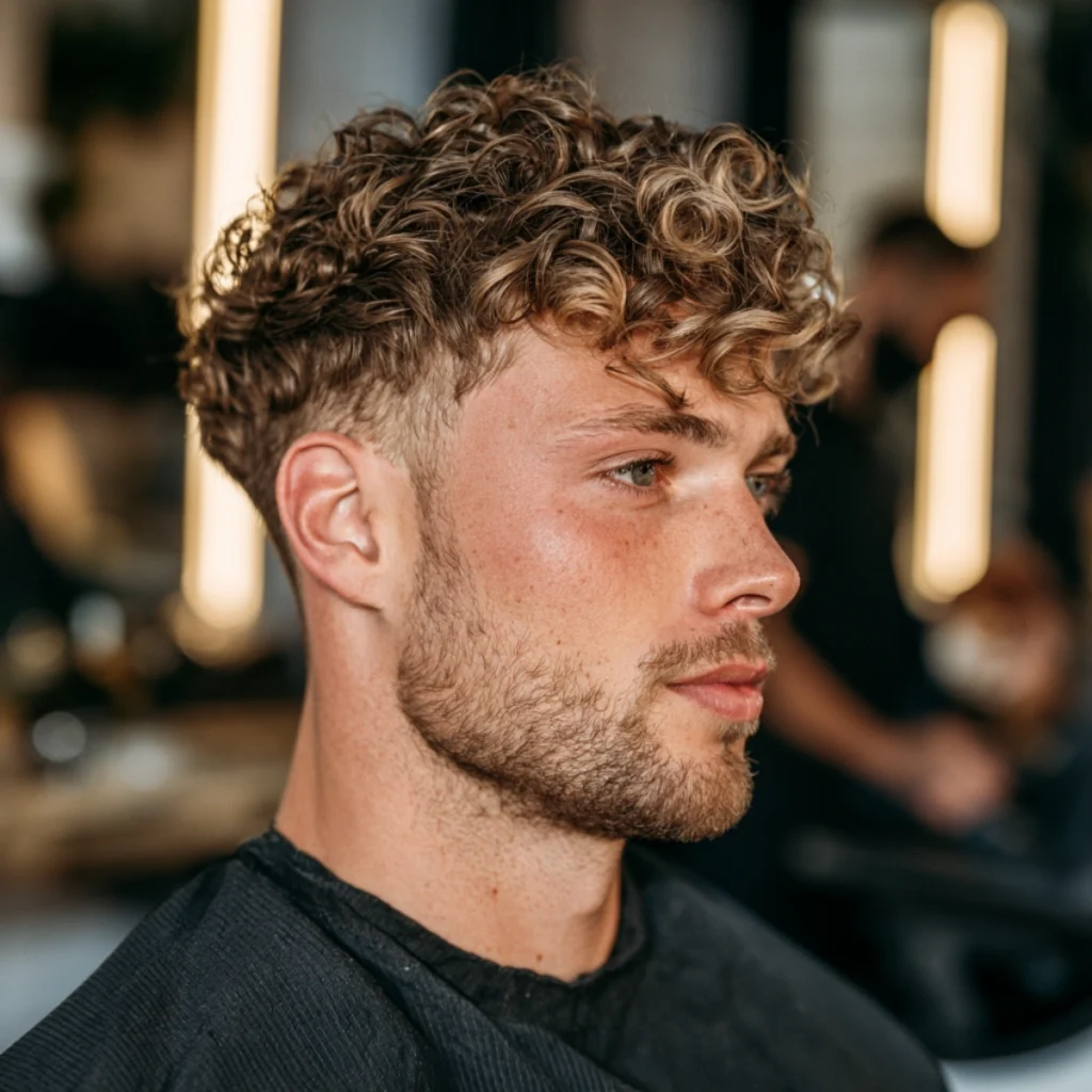 Curly textured top with a low fade, full tight curls on light brown hair with a beard