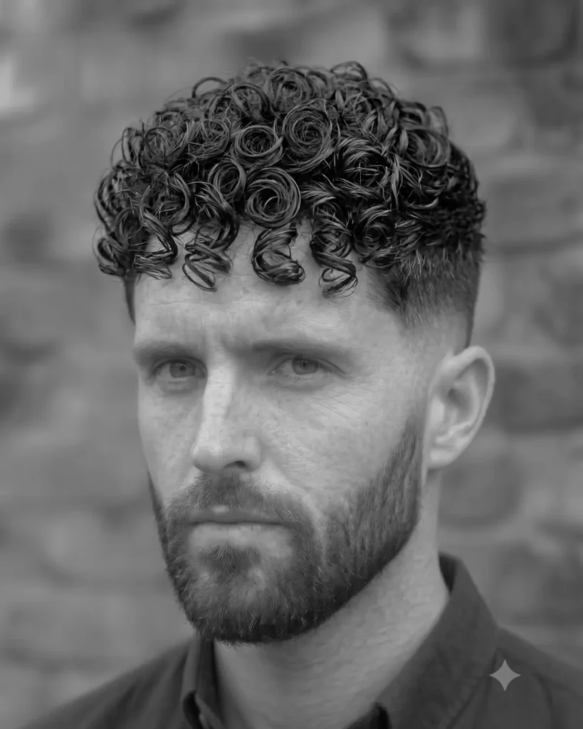 Man with a curly textured top, low fade haircut and short beard in a black and white portrait.