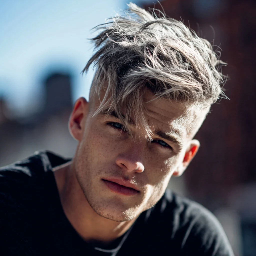 Disconnected textured undercut, long swept blonde hair on top over a taper on the sides with light stubble