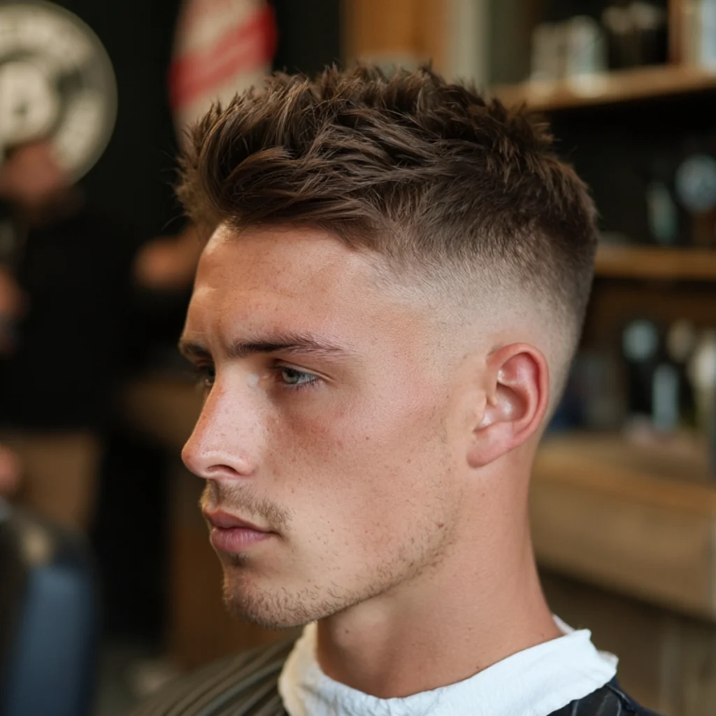 Drop fade short textured quiff with lifted texture through the front and sides fading lower behind the ear