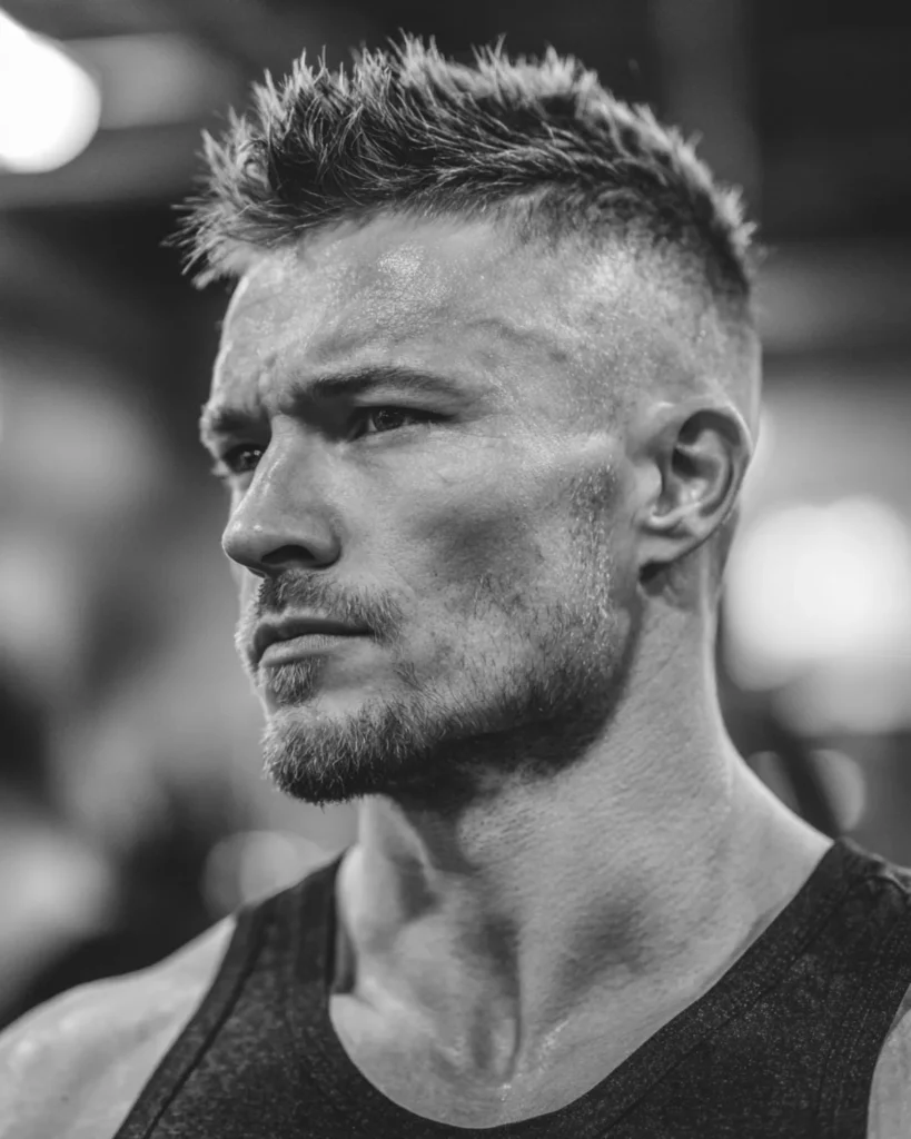 men's faux hawk fade athletic hairstyle with textured spiky top after training in gym
