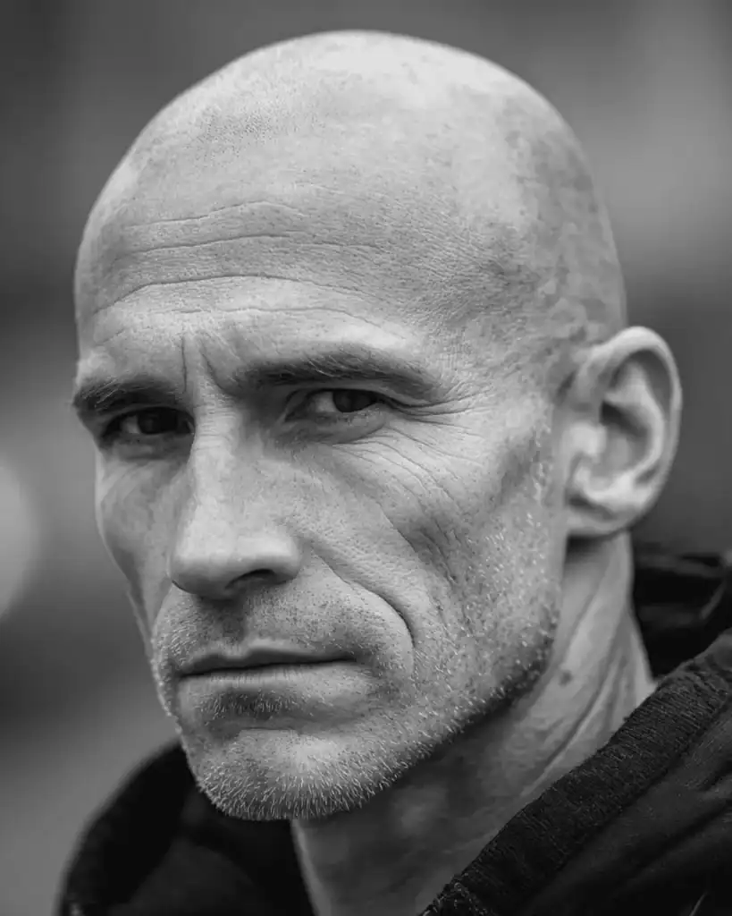 Close-up portrait of a confident man over 40 with a full shave hairstyle, featuring a completely bald head and light facial stubble.