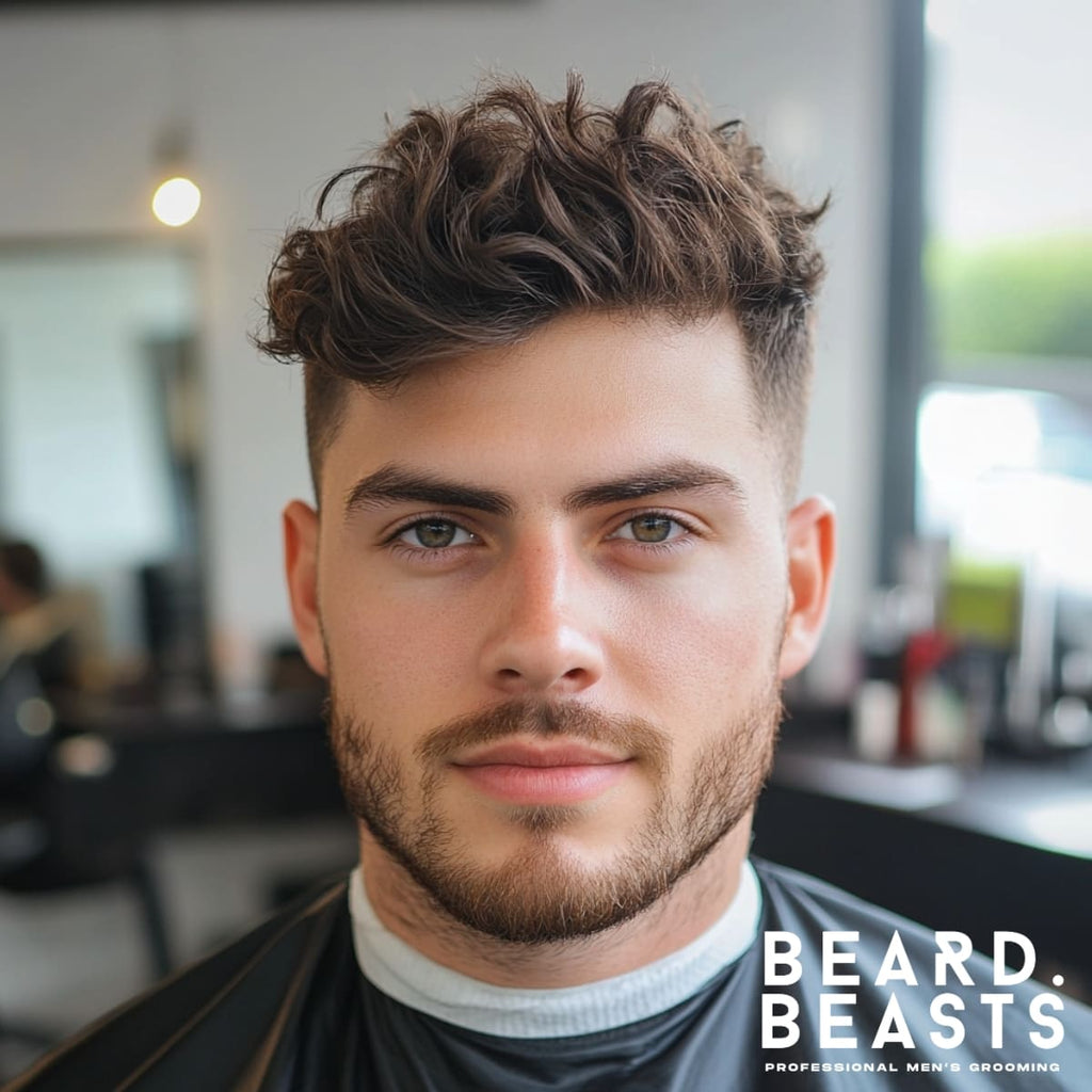 Confident man with a low fade textured top haircut and wavy, tousled hair styled in a modern barbershop setting