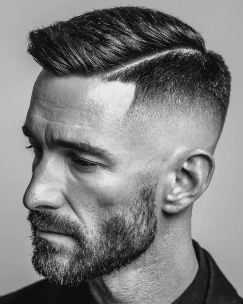 Black and white portrait of a man over 40 with a hard part haircut, featuring a distinct razor-cut line separating the fade from the combed-over top.