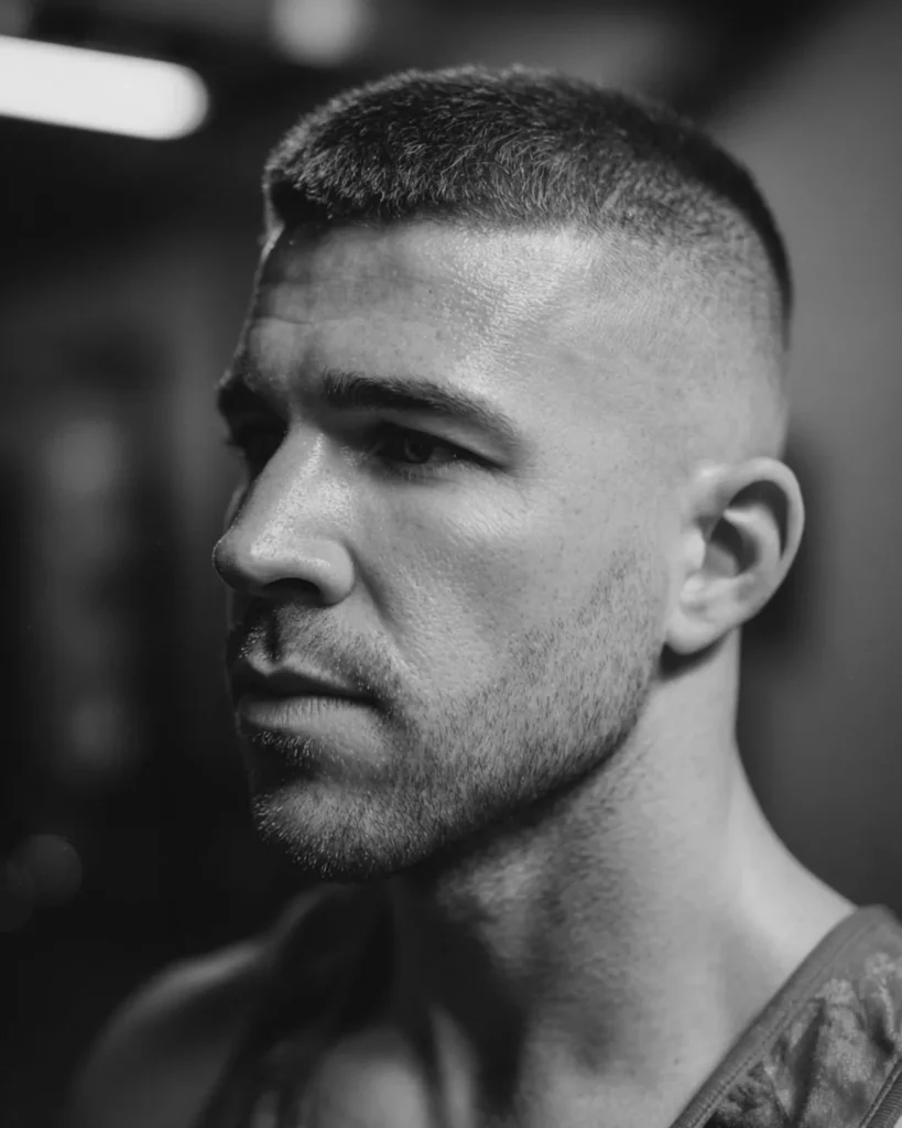 men's high and tight athletic hairstyle with skin fade sides in gym setting