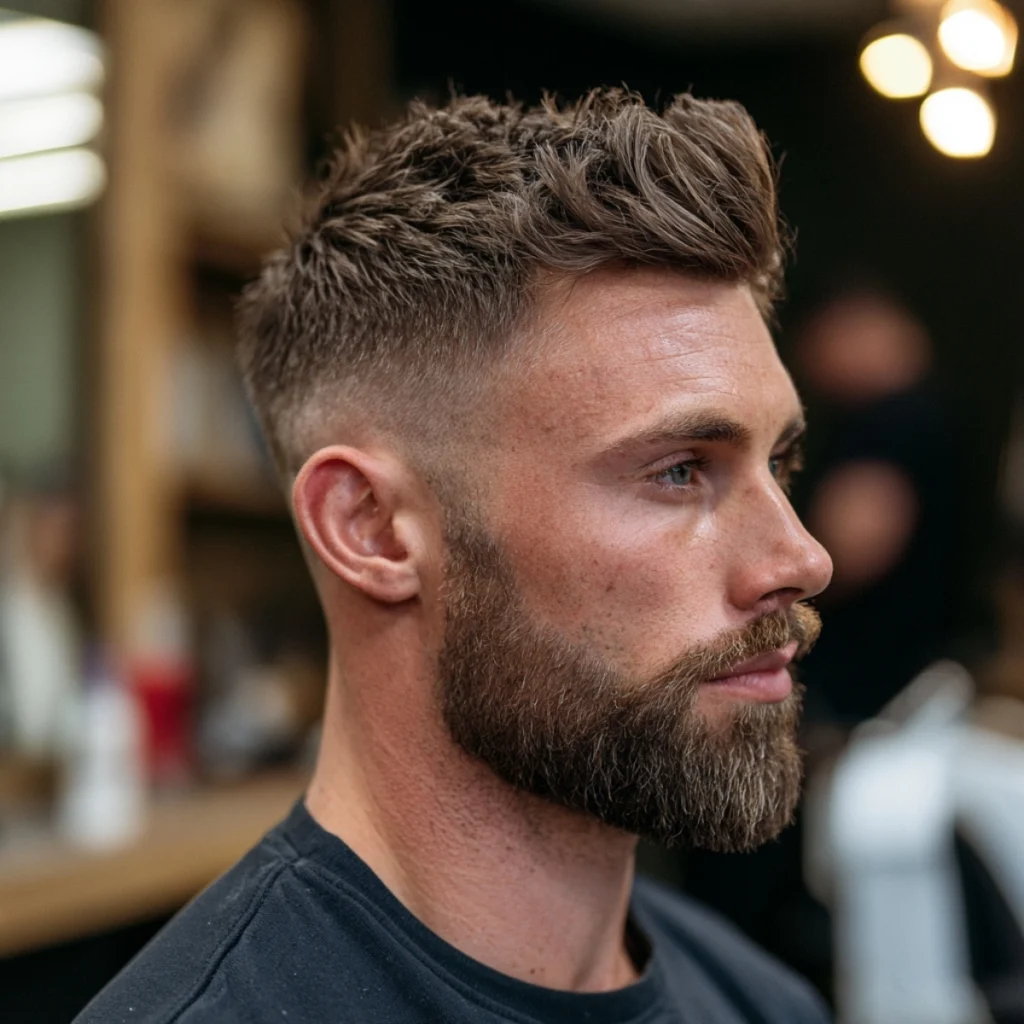 Man with a high fade quiff and a full beard, lifted hair on top with a faded side and dense beard connecting at the sideburn.