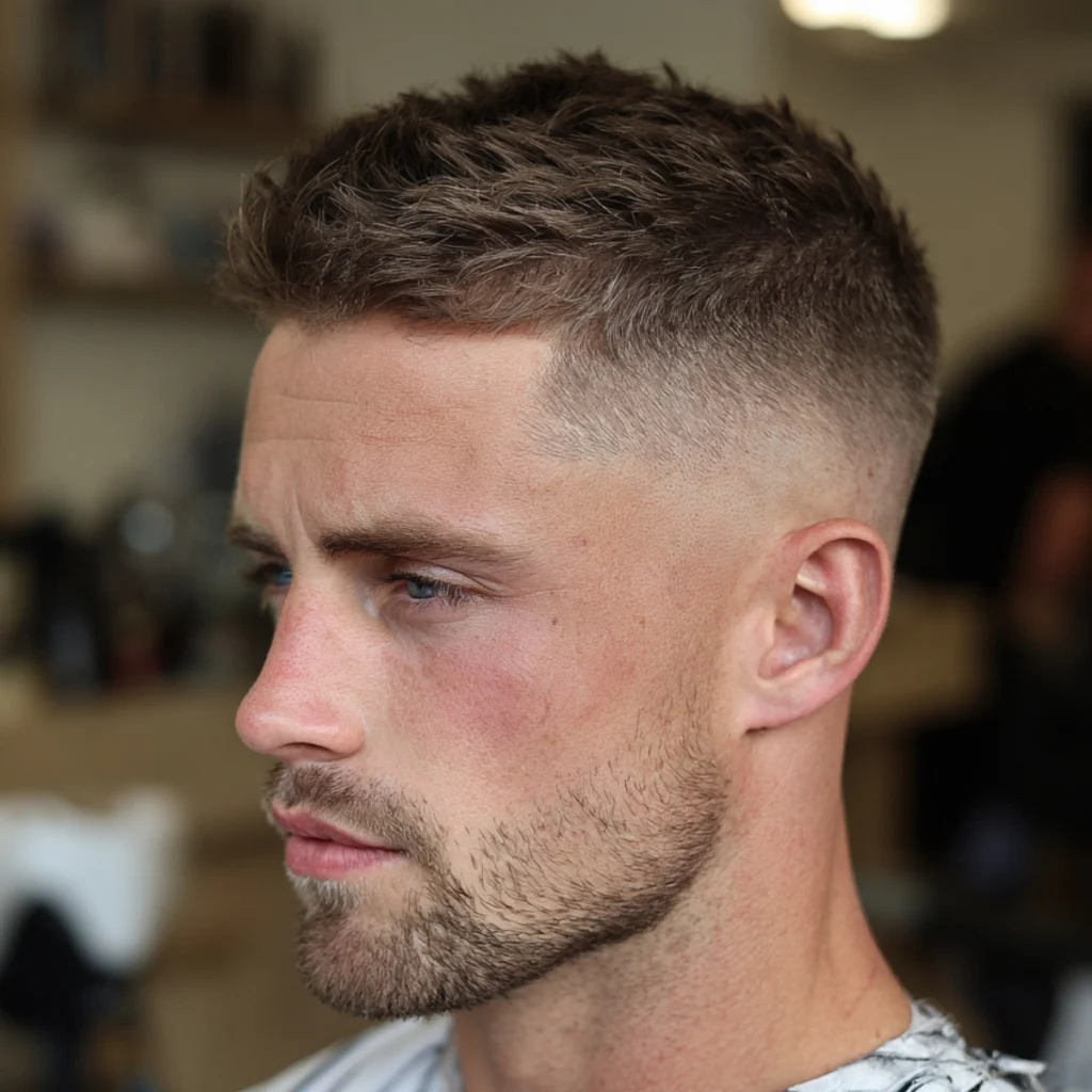 High fade short textured quiff with short faded sides and textured lift through the front
