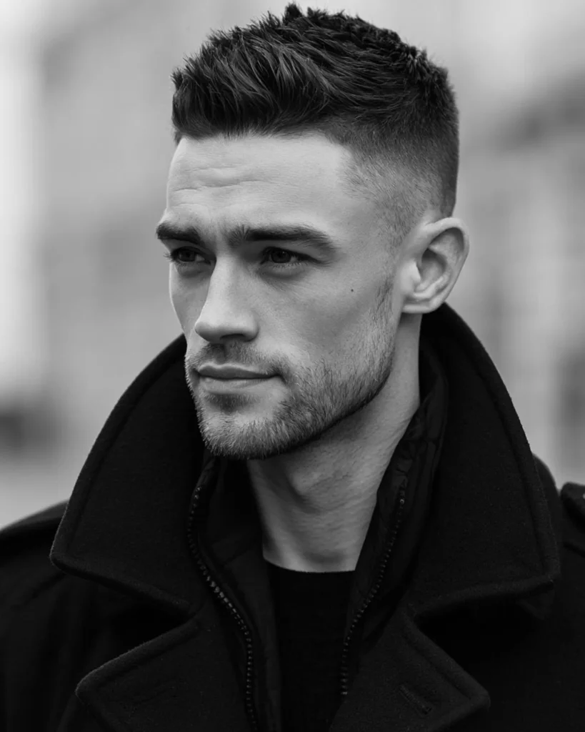 high fade short textured quiff haircut with skin fade sides and structured front, side profile