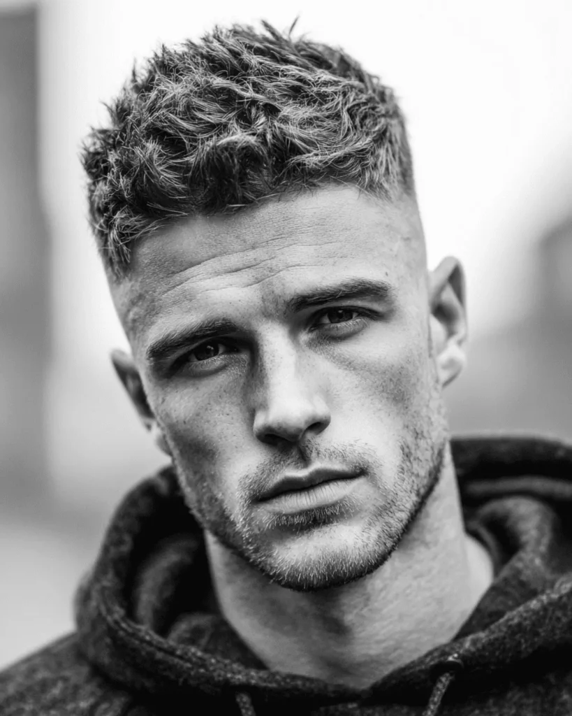 High fade with textured top hairstyle for men with diamond face shape