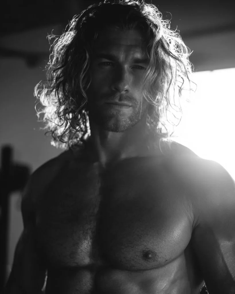 long layered hair with natural wave and curl on a bodybuilder, front view in gym lighting