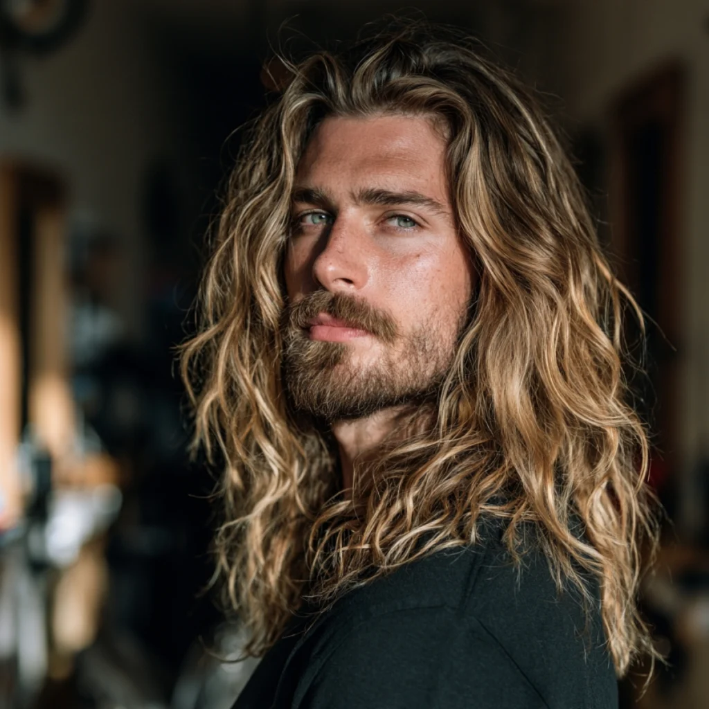 Long layered textured waves past the shoulders, sun-lit blonde wavy hair with natural movement and a beard