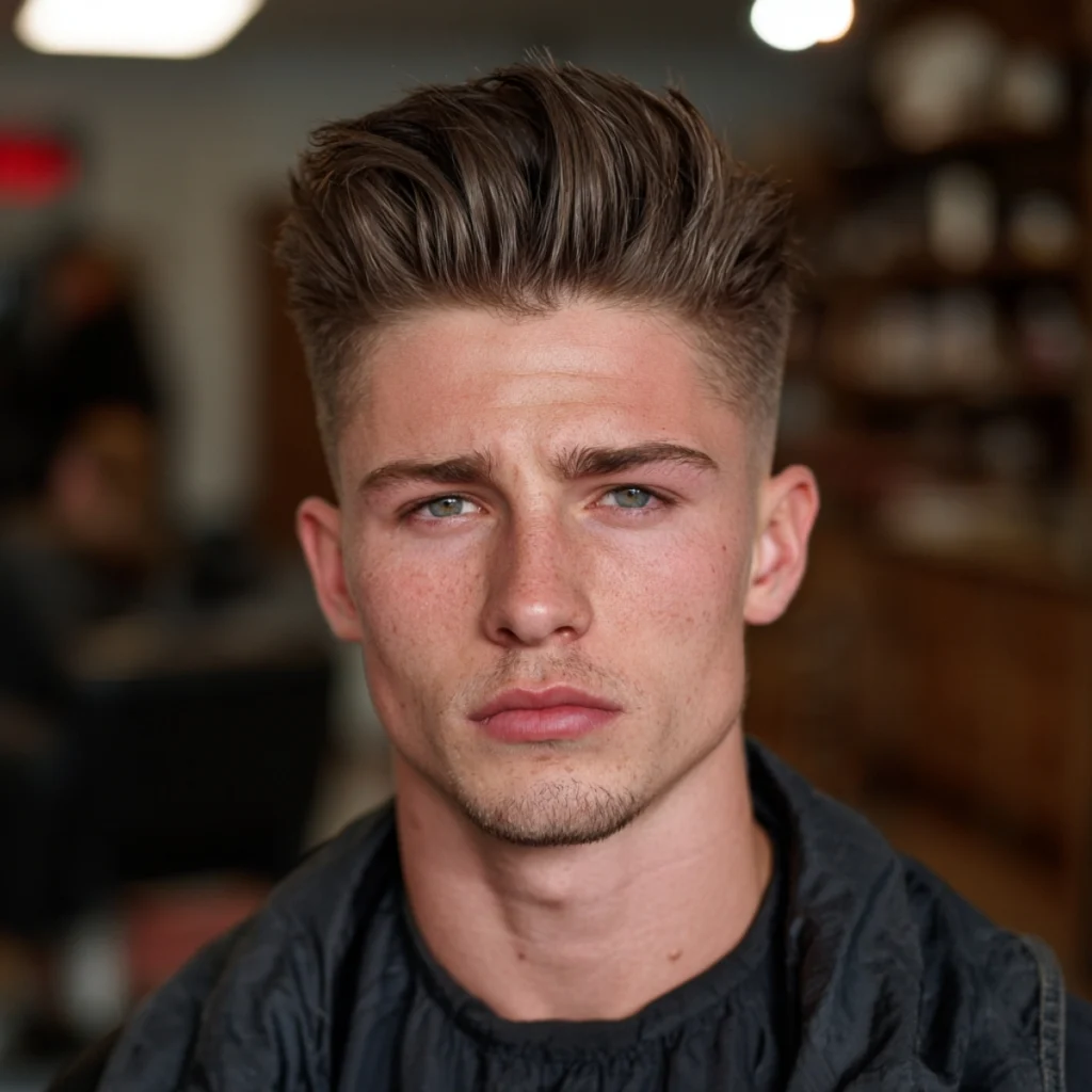 Man with a long quiff and high fade, tall lifted hair through the front with a faded side profile from a front-facing view.