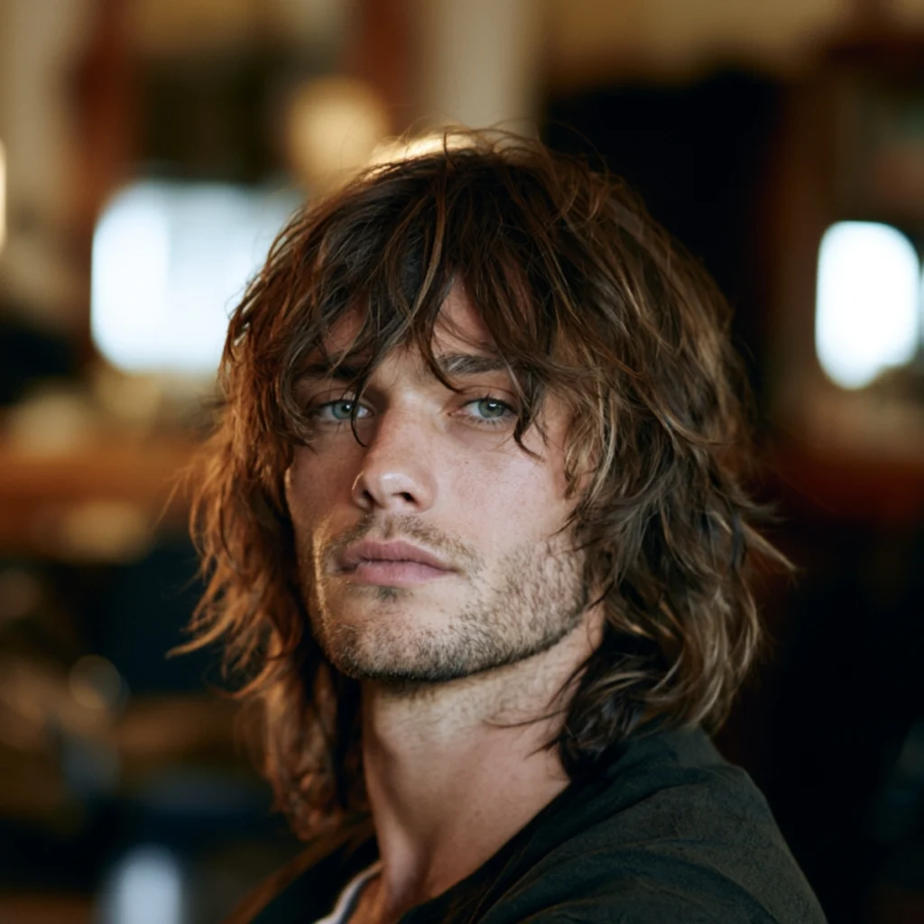 Long textured shag, heavily layered choppy brown hair falling past the shoulders with a beard