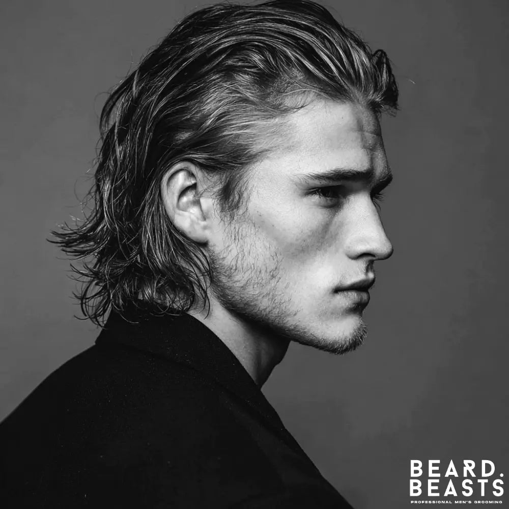 Long slicked back hairstyle for men with layered length and natural flow, offering a sleek yet relaxed look.
