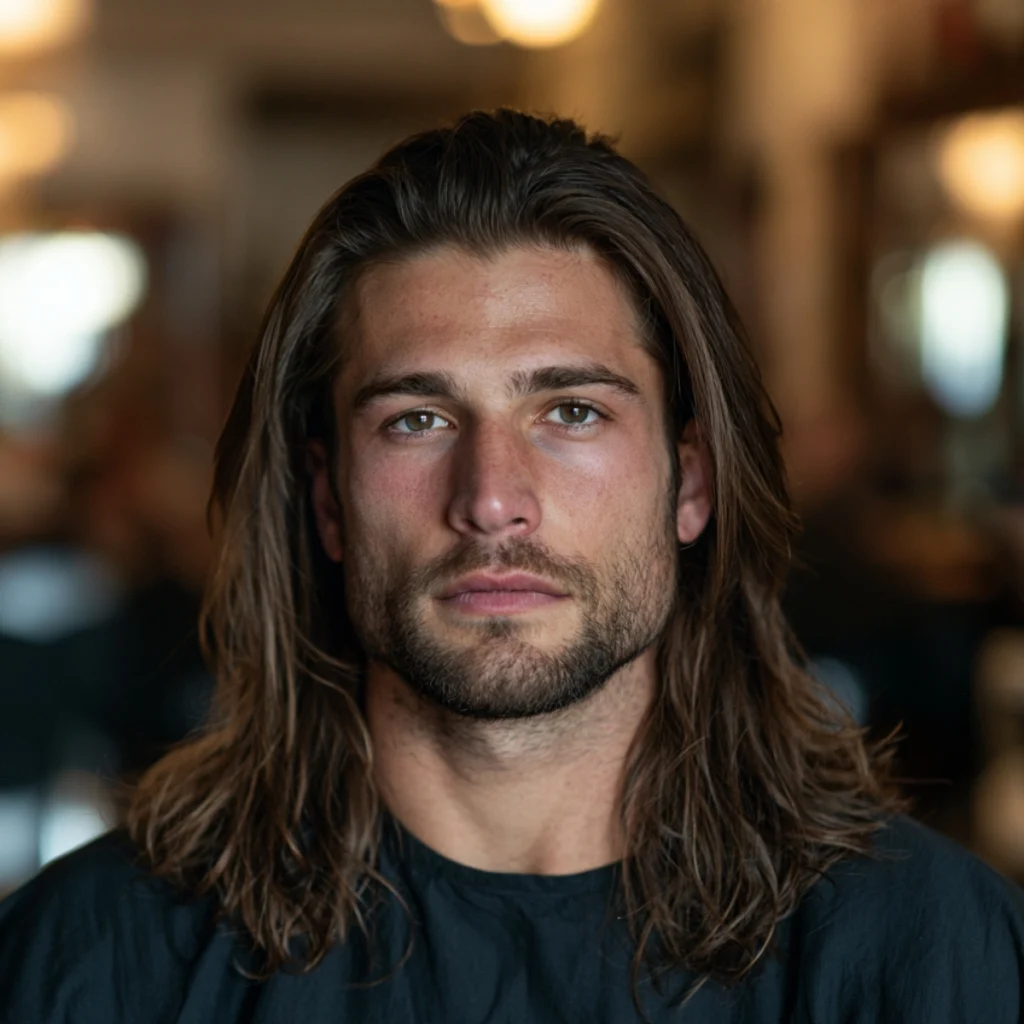 Long textured flow, dark brown hair falling back off the forehead past the shoulders with a matte natural finish