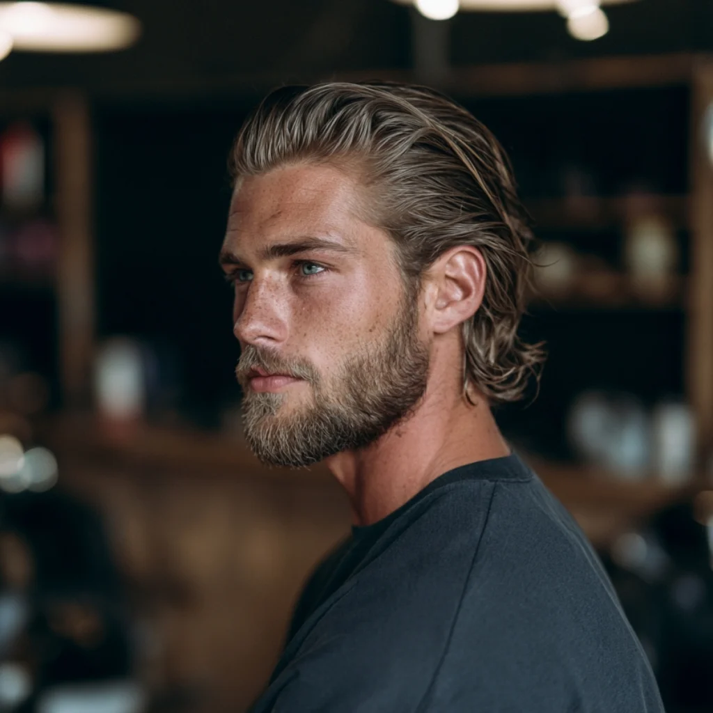 Long textured slick back, dark blonde hair combed straight back past the shoulders with a short beard