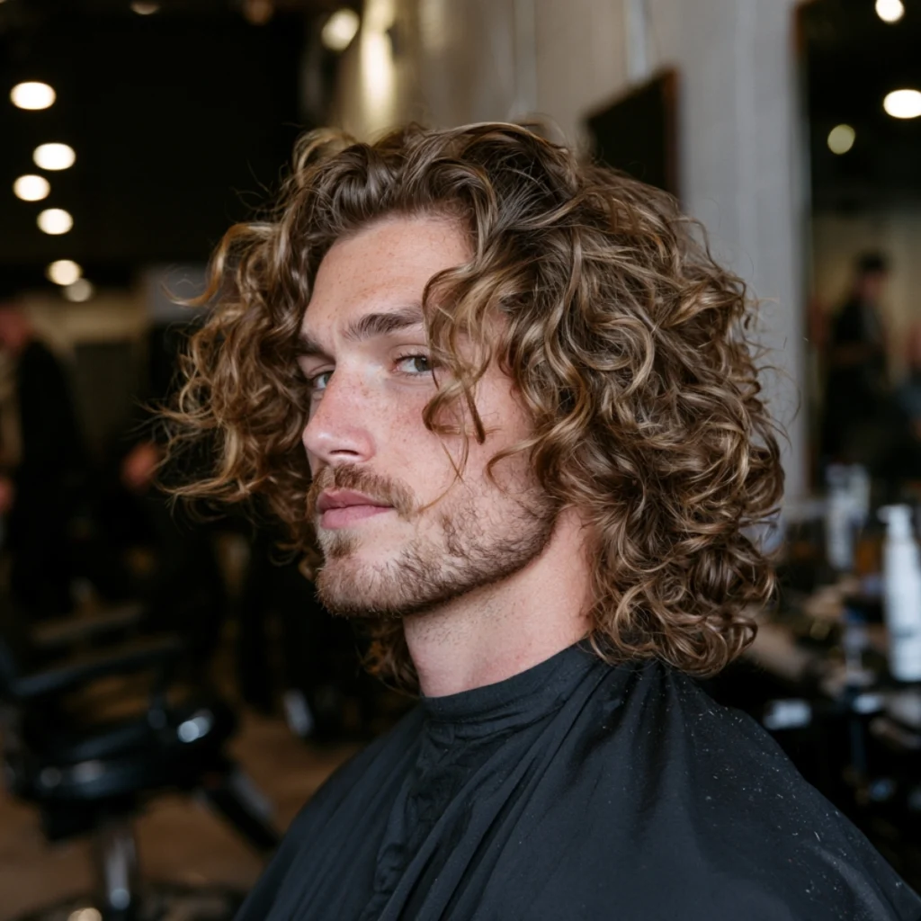 Long textured tousled curls past the shoulders, full natural ringlets with a beard and barber setting