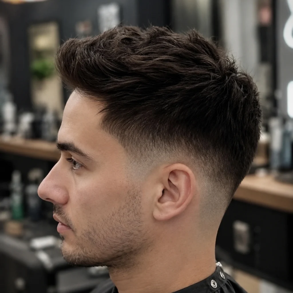 Low fade short textured quiff with lifted front and natural texture through the top