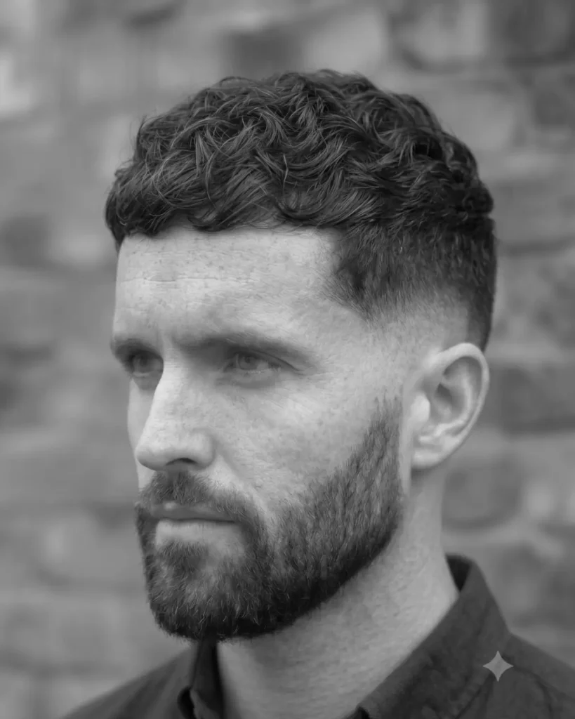Man with a low fade textured crop haircut and full beard in a black and white portrait.