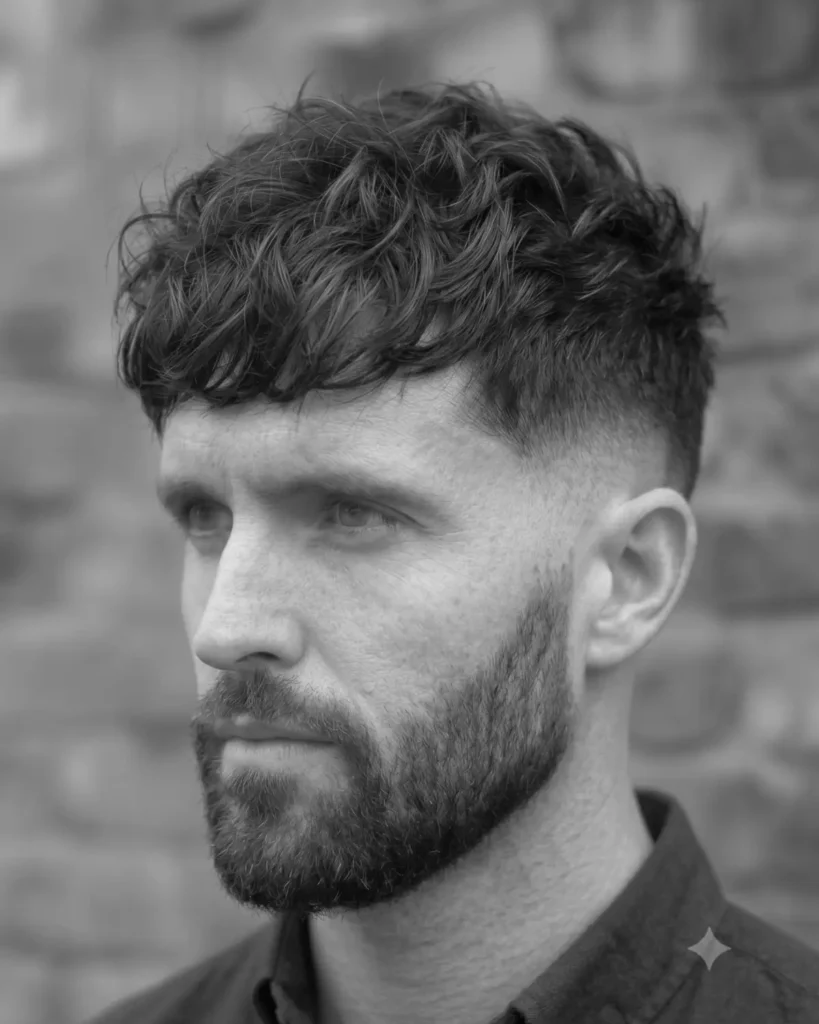 Man with a low fade textured fringe haircut and full beard in a black and white portrait.