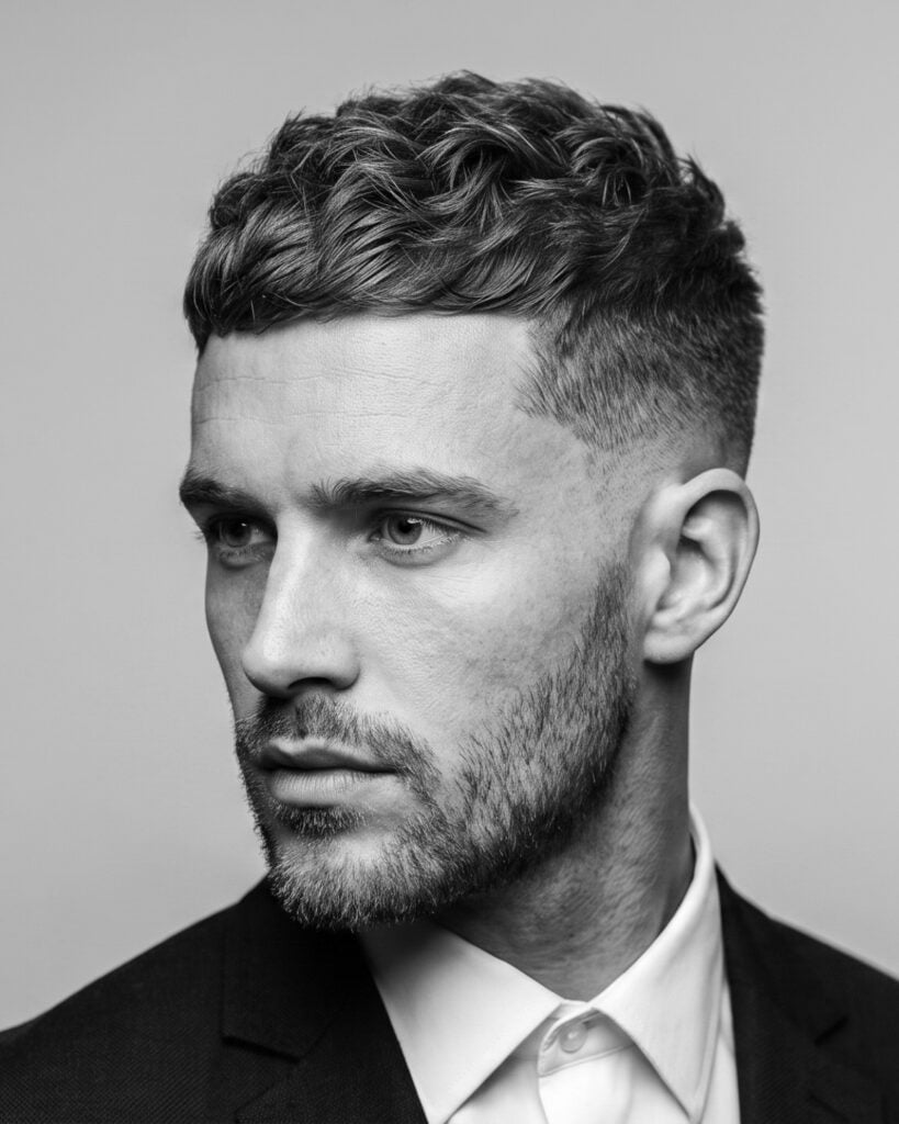 Man with a low fade and textured top, showing a hairstyle for diamond face shape men