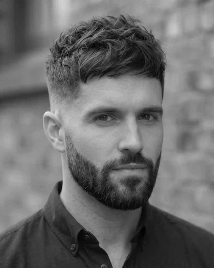 Man with a low skin fade, textured top haircut and full beard in a black and white portrait.