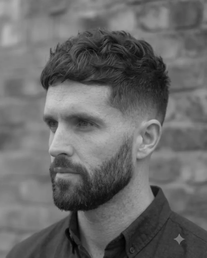 Man with a low taper fade, textured top haircut and short beard in a black and white portrait.
