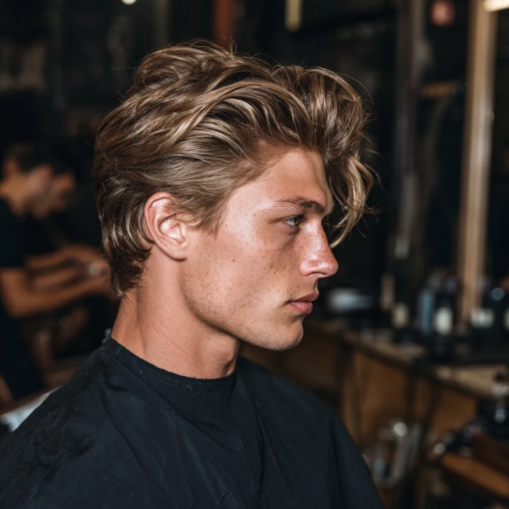 Medium length layered textured haircut, blonde wavy hair with natural volume and no fade
